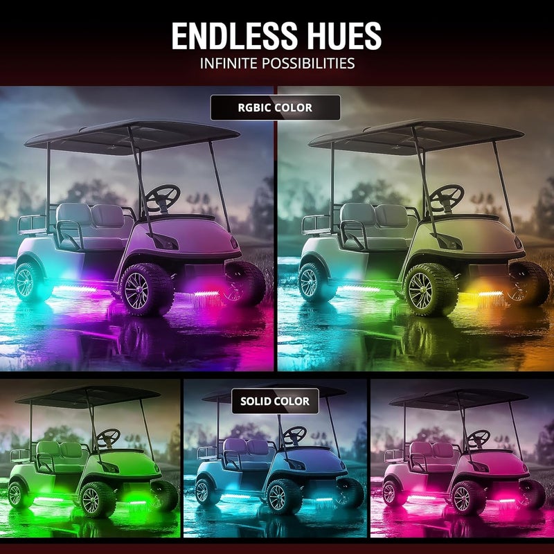 OPT7 Aura 12V DreamColor Underglow Chasing Lights for Golf Cart w/APP & Remote Control, Waterproof Rigid Aluminum Light Bar, Decorative RGB-IC Car LED Lighting Kit, EZGO Yamaha Club Car Universal Fit - Image 4